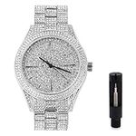 Mens Iced Out 42mm Diamond Watch with Simulated Diamonds and Bling Dial - Bling-ed Out Fully Adjustable Metal Band - Quartz Movement - Silver Tone Finish