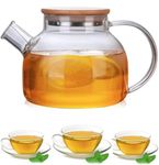 UNIQU Glass Teapot with A Filter Coil, Teapot 1000ml with Strainer for Loose Tea,Tea Kettle Safe On Stovetop, Bamboo Lid with Stainless Steel Bottom and Filter Coil