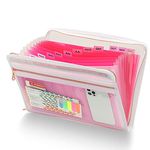 13 Pocket Expanding File Folder Organizer with Front Clear Pounch, Accordion File Organizer with Zipper Clourse, Expandable Filing Folders for Documents, Papers Letter Size, Pink