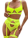 Kaei&Shi Garter Lingerie for Women,Underwire Peekaboo Cutout Strappy Sexy Lingerie,Thong Matching Thigh Straps 4 Piece Lingerie Set Glow in The Dark Neon Yellow Medium