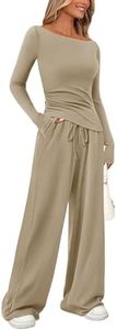 PRETTYGARDEN Women's 2 Piece Lounge Sets Asymmetrical Long Sleeve T Shirt Wide Leg Pants Casual Outfits Tracksuit (Light Khaki,X-Large)