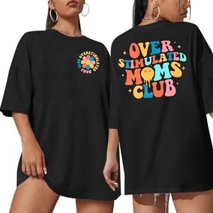 Oversized Mama Tshirts for Women Overstimulated Moms Club Shirt Funny Moms Club Graphic Short Sleeve Tee Top, Black, Medium