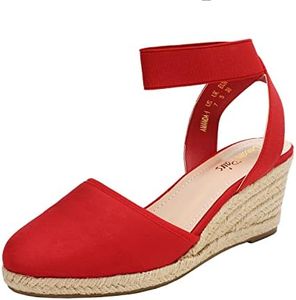 DREAM PAIRS Women's Red Closed Toe Elastic Ankle Strap Espadrilles Wedge Sandals Size 5 M US Amanda-1
