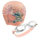Disney Children's Swimming Goggles and Swimming Cap Set Anti-Fog UV Protection (Peach Stitch, 6-14 Years)