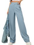 AusLook Wide Leg Straight Cargo Pants for Women Denim Blue Meduim High Elastic Waisted Casual Trousers Baggy Relaxed Fit Pleated Comfy Ladies Slacks with 4 Pockets