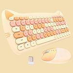 Cute Cat Keyboard and Mouse Combo Wireless, Kawaii Keyboard and Mouse for Girls and Kids, Soundless Colorful Keys, Compatible with Notebook, PC (MilkTea-84Keys)