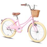 Glerc 20 Inch Kids Girls Bike for 6 7 8 9 10 Years Old Little Girls Retro Vintage Style Bicycles with Basket,Stabilisers and Bell,Color Pink