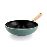 GreenPan Mayflower Healthy Ceramic Non-Stick 28 cm/3.7 Litre Wok Pan, Vintage Wood Handle, PFAS-Free, Induction, Smoky Blue, Blue