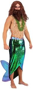 Salty Merman Sea Creature Men's Costume - Shimmering Tail Skirt, Fishnet Top, Seaweed Boa - Halloween Mermaid Dress Up X-Large Green