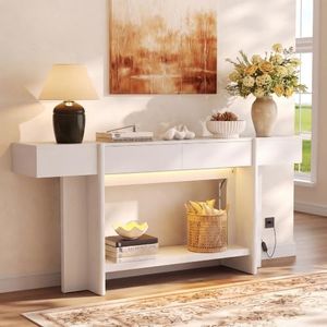 Einhomn 70.8" Long Console Table, 2 Drawer Entryway Table with Colorful LED Lights, Farmhouse Entry Way Table with Open Storage, Narrow Long Sofa Table for Entrance, Living Room, Hallway, White