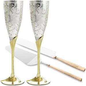 4 Piece Pack Royal Brass Champagne Flutes Set with Hammered Brass Cake Knife And Server Set Gold & Silver Plated Finish For Christmas Anniversary Father's day Mother's day Housewarming With Gift Box