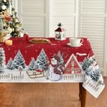 Horaldaily Christmas Tablecloth 60×84 Inch, Winter Snowman House Christmas Trees Red Washable Table Cover for Party Picnic Dinner Decor