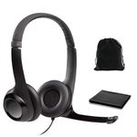 Logitech Headset H390 Wired Headset with Mic for PC/Laptop, Stereo Headphones with Noise Cancelling Microphone, USB, in-Line Controls, PC Headset, W/Cloth and Pouch (Black), Bulk Packaging