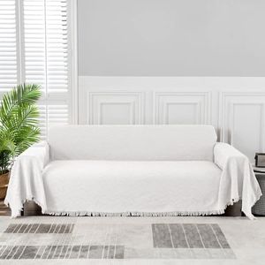 MEETSKY White Couch Cover Sofa Slipcover for Sectional Sofa Covers Protector Universal Use Cotton Blend Thick Fabric Washable, Woven Texture Modern Design for Living Room (X-Large: 91" x 118", White)