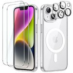 JETech 5 in 1 Magnetic Case for iPhone 14 6.1-Inch with 2-Pack Tempered Glass Screen Protector and Camera Lens Protector, Compatible with MagSafe, Shockproof Bumper Phone Cover (Clear)