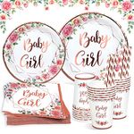 Girl Baby Shower Decorations Party Plates Set for 25 Guests, Floral Rose Gold Theme Paper Plates Napkins Cups Straws Party Tableware