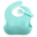 ZoZoBaa Silicone Baby Bib with Easy Grip Spoon For Feeding Toddlers|Waterproof & Reusable Bib with button for Infants |Soft, Light Weight, BPA Free, 1 Set, Mint Green