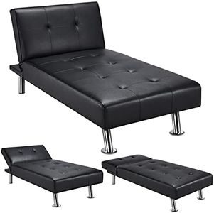 Yaheetech Faux Leather Sofa Bed Sleeper Convertible Futon Sofa Modern Recliner Couch Daybed with Chrome Metal Legs for Living Room Black