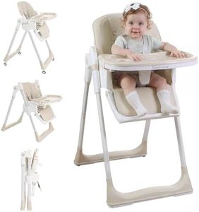 Sunchildor 3 in 1 Baby High Chair with Wheels, Adjustable 5 Point Harness, Tray, Foot Rest, Backrest and Seat Height, Foldable High Chair for Toddlers, Beige
