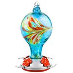 Glass Hummingbird Feeder for Outdoor Hanging Hand Blown Large 32 Ounces Colorful Garden Patio Hummingbird Feeder for Women with Ant Moat Hanging Hook, Rope, Brush and Service Card (Blue-fly)