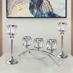 kolnlala 3 Arms Crystal Bowl Tealight Candelabra Votive Candle Stand, Wedding centerpieces for Tables Crystal Candlestick, Centerpiece Table Decorations (Set of Silver),(TCH01)