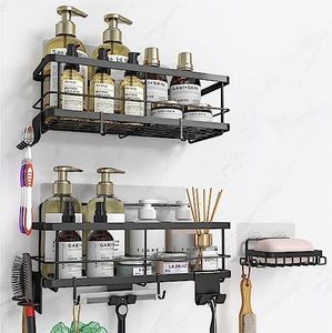 Shower Caddy, Adhesive Improved Shower Shelves [9 detachable shower accessories,Soap Dish], Stainless Steel Bathroom Organizer, Shower Rack for Inside Shower, Shower Storage, Black (BLACK)