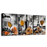 Wine Glasses Canvas Wall Art for Living Room,Orange Rose Framed Wall Art Wine Decor for Kitchen Wall Decorations,Romantic Flowers Paris Eiffel Tower Canvas Artwork Paintings,Black White and Grey