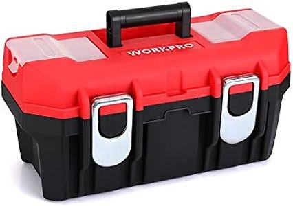 WORKPRO Tool Box Portable 16" with Removable Tray Heavy Duty Toolbox with 2 Metal Latches, Rated up to 33 Lbs, PP Plastic Small Tool Boxes with Lock Secured, Small Parts Organizer in Lid, black & red