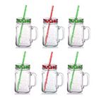 Kosh Mason Jar With Lid And Straw For Drinks, Beverages Fruit Juice Glass Airtight Frosty Jar with Handle Mason mug Jars set with Lid and Reusable Straw (Random Color, Clear, 450 ml) (6 PC)