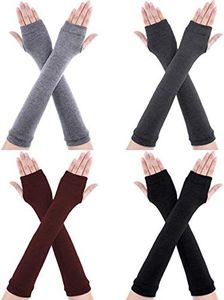 Bememo 4 Pairs Arm Warmer Fingerless Gloves for Women Long Arm Sleeves Knitted Elbow Length Gloves Gothic Thumb Hole Gloves, Black, Light Grey, Dark Grey, Coffee, 13.8 x 3.1"