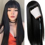 TIMANZO Long Straight Remy Hair Wigs Natural Black Heat Resistant Fiber Hair Full Machine Wig with Bangs Cosplay Party Wig For Fashion Women(24 Inches Natural Black Hair)