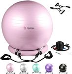 NEUMEE Exercise Ball Chair with Resistance Bands, Yoga Ball Office Chair with Stability Base for Home Gym, Workout Ball for Fitness, Large Size 65 cm (Pink)