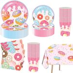 Donut Party Supplies-Complete Pack Donut Party Tableware Donut Party Plates Cups Napkins Tablecloth for Donut Girls Birthday Wedding Baby Shower Party Decorations