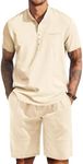 COOFANDY Men's 2 Piece Linen Set Short Sleeve Henley Shirts and Shorts Summer Yoga Beach Pants Set