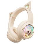 PHNIXGAM Cute Cat Bluetooth Headphones, Wireless & Wired Mode Headset with Mic, RGB LED Light, for Girls Women School Gaming, Compatible with Mobile Phones PC Tablet, Beige