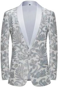 PYJTRL Men Fashion Velvet Sequins Floral Pattern Suit Jacket Blazer(Silver,3XL)