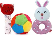 pikipo Super Saver Soft Polyester Toy for Infant Combo(3-in-1): Kitty Rattle, Bunny Rattle, and 11Cm Ball, Red