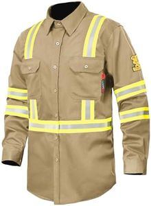 DPSAFETY FR Shirts for Men 7oz High Visibility Fire Resistant Shirts CAT2 Welding Shirt 100% Cotton Hi Vis Flame Resistant Shirt Khaki(2X-Large)