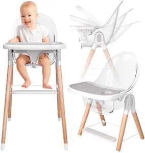 Children of Design 6 in 1 Deluxe Wooden High Chair for Babies & Toddlers, Modern Safe & Compact Baby Highchair, Easy to Clean & Assemble, Removable Tray, 6 Options 3 Seat Positions 2 Heights (Clear)