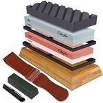 Chefic Sharpening Stone Set, Whetstone 3000/8000 & 400/1000 Grit Waterstone Kit, Premium 2 Side Knife Sharpener Stone with Non-Slip Bamboo Base Flattening Stone & Angle Guide Whetstone Kit for Kitchen