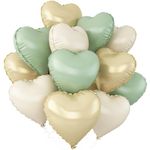 Sage Green Gold Heart Balloons,12Pcs Light Gold Heart Shaped Foil Balloons,18Inch Cream White Helium Mylar Balloon for Baby Shower Birthday Anniversary Wedding Party Decorations