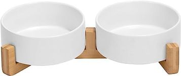 Dog Bowl, Raised Dog Food and Water Bowl, Ceramic Dog Bowl Set with Non-Slip Wood Stand for Medium Sized Dog and Cat (White, 5 inch)