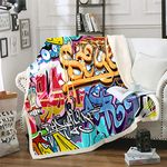 Erosebridal Hip Hop Blanket Throw Rock Music Theme Sherpa Throw for Kids Girls Boys Teens Street Culture Graffiti Fleece Blanket Twin Size Grunge Style Colorful Plush Bed Blanket Bedroom Décor