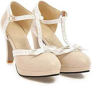 ForeMode Fashion Women T-Strap High Heels Bow Platform Round Toe Pumps Leather Summer Lolita Sweet Shoes (7.5, Khaki)