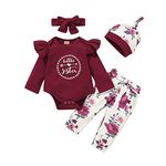 Borlai 4PCS Infant Baby Girl Fashion Clothes Little Sister Long Sleeve Romper Jumpsuit Floral Pants Hat Headband Letter Print Outfits 0-18Months