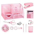 yuun Pink Desk Organizers and Accessories, Office Supplies Include Mesh Desk Organizer, Stapler, Staple Remover, Scissor, Calculator, Clips Set, Pen Holder, Ruler, Pen and Staples