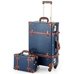 CO-Z Vintage Luggage Sets, 2 Piece Retro Suitcase with Spinner Wheels TSA Lock, Large 24" Trunk Small 12" Train Case Leather Travel Luggage Set for Women Men, Dark Blue