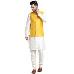 KRAFT INDIA Men Cream Silk Kurta & Churidar With Yellow Nehru Jacket