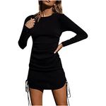 Women Dresses Sale Clearance Party Elegant Laides Sexy Casual Shrring Solid Dress O-Neck Long Sleeve Mini Dress UK Size Work Casual Dress Black