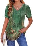 Zeagoo T Shirts for Women Causal V Neck Puff Short Sleeve Summer Tunic Top Floral Printed Trendy Blouses